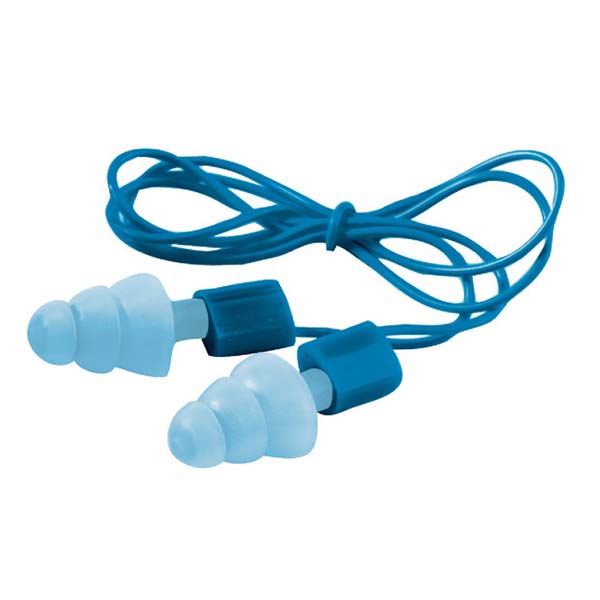 Hellblaue Lamellen Gehörschutzstöpsel mit blauer Kordel