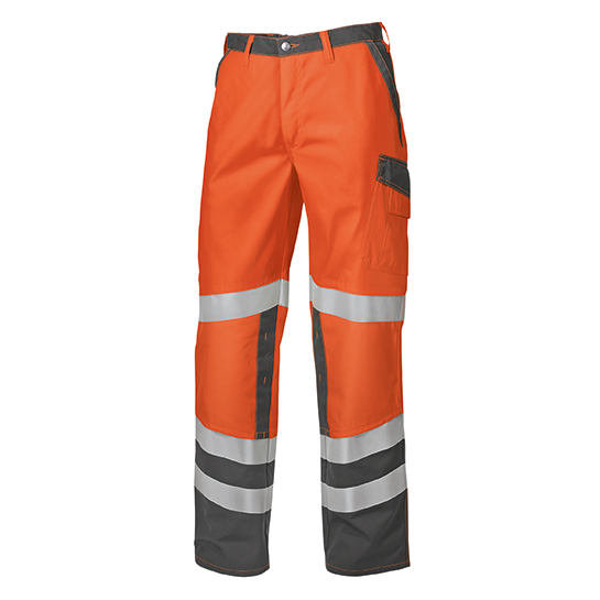 Orangene Mulit-Norm-Hose mit silbernen Warnstreifen.