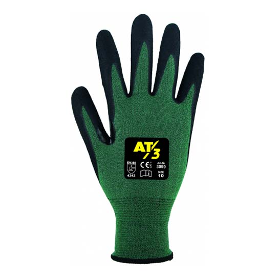 Grüner Schnittschutzhandschuh mit schwarzen Fingerkuppen.