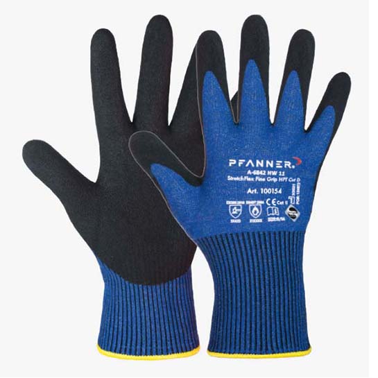 Blaue Schnittschutzhandschueh mit schwarzen Handinnenflächen