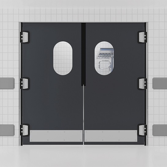 3D-Ansicht einer zweiflügeligen STRICKER Pendeltür hygienic in grau mit ovalen Fenstern und drei Pendelbndern.